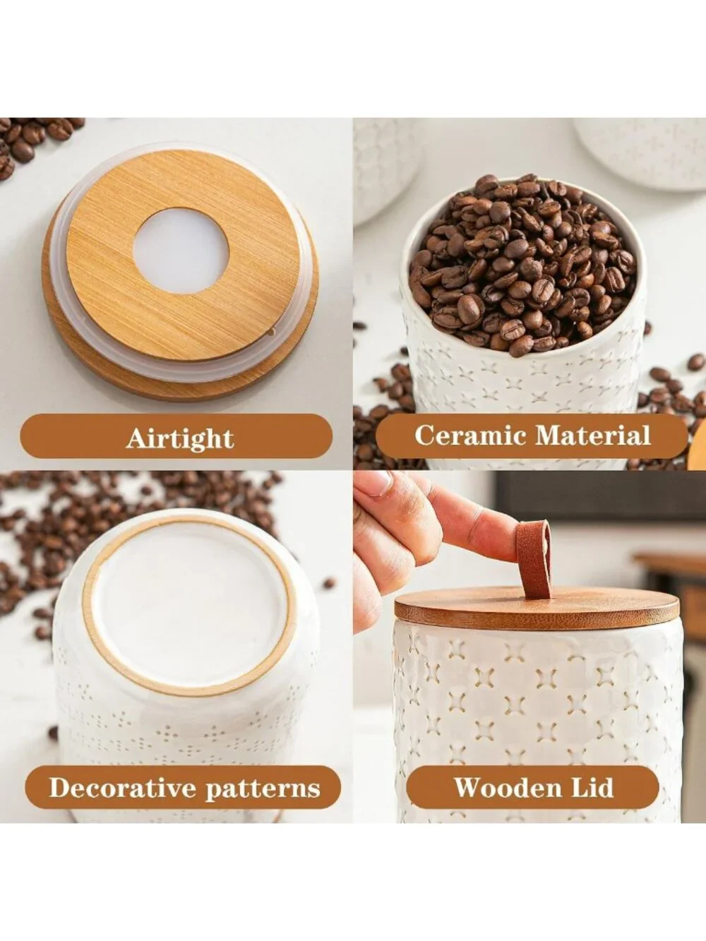 Airtight White Ceramic Canister Set with Wooden Lids - 3-Piece Kitchen Storage